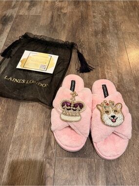 🐎Pink Plush Embellished Corgi Slide Slippers